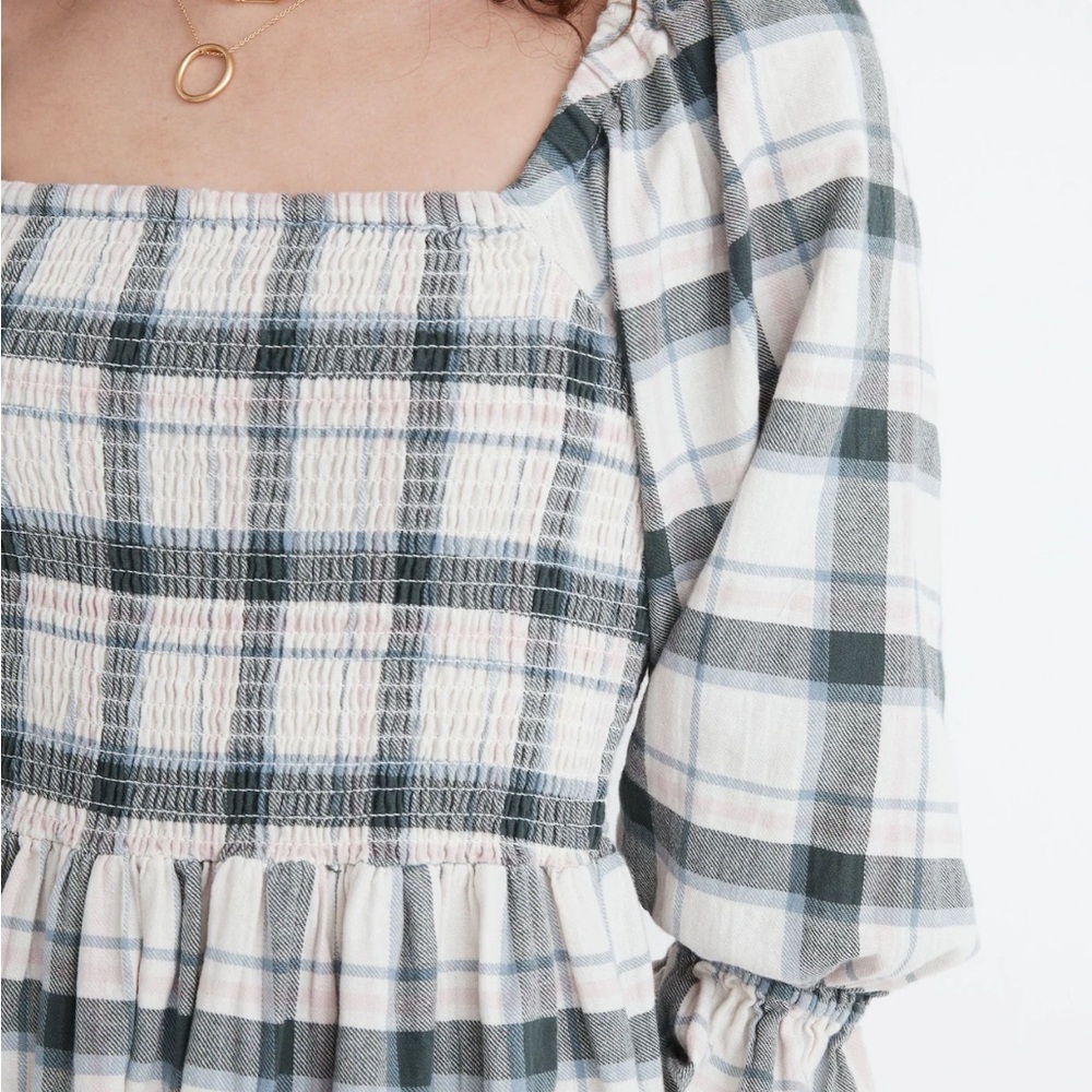 Madewell Women’s Lucie Elbow-Sleeve Smocked Mini Dress in Lebaum Plaid Small S - Picture 4 of 11